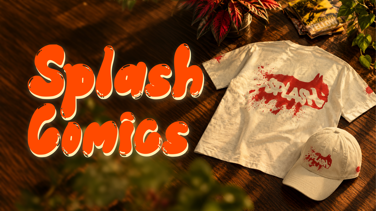 Splash Comics, independent UK shop for DC graphic novels. The Splash tee, cap and a stack of comics on a wooden table.
